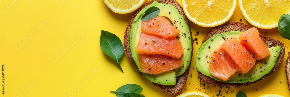 Aufkleber A nutritious breakfast spread featuring avocado toast topped with salmon and accompanied by fresh citrus slices on a bright yellow surface. Generative AI