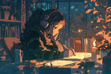 LoFi Girl writing in her journal by candlelight in a room filled with plants and books. Anime style, Cozy vibes