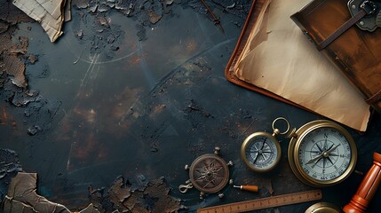 Flat lay showcasing essential school supplies such as a compass notebook and ruler on the bottom right with a sizable empty area on the left ideal for placing additional graphics or notes