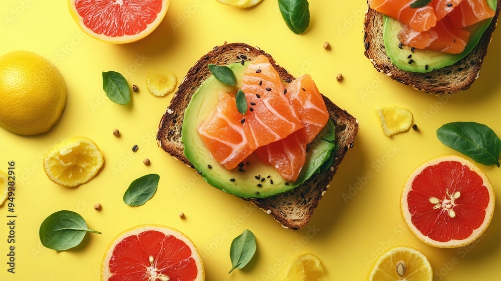Poster enjoy a vibrant breakfast featuring creamy avocado toast topped with fresh salmon, alongside refresh