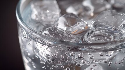 Close-up of a refreshing glass of sparkling water with ice cubes, showcasing bubbles and details, perfect for beverage-related themes.