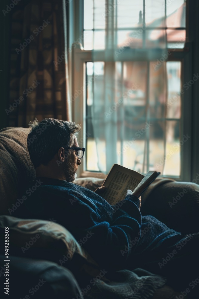 Poster a person sitting on a couch with a book, ready to immerse themselves in a good story