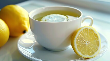 A cup of tea with a lemon slice in it, on a table with two whole lemons.