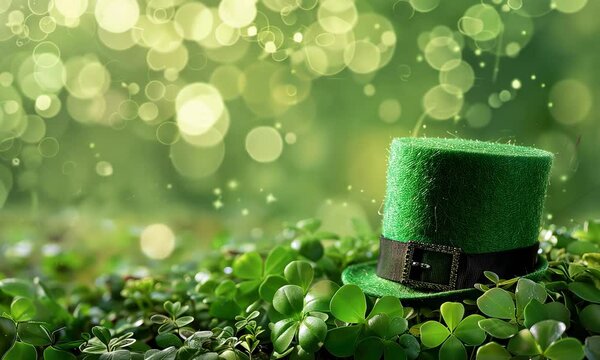 A green leprechaun hat on a clover field with sparkling lights in the background, suggesting an Irish theme.