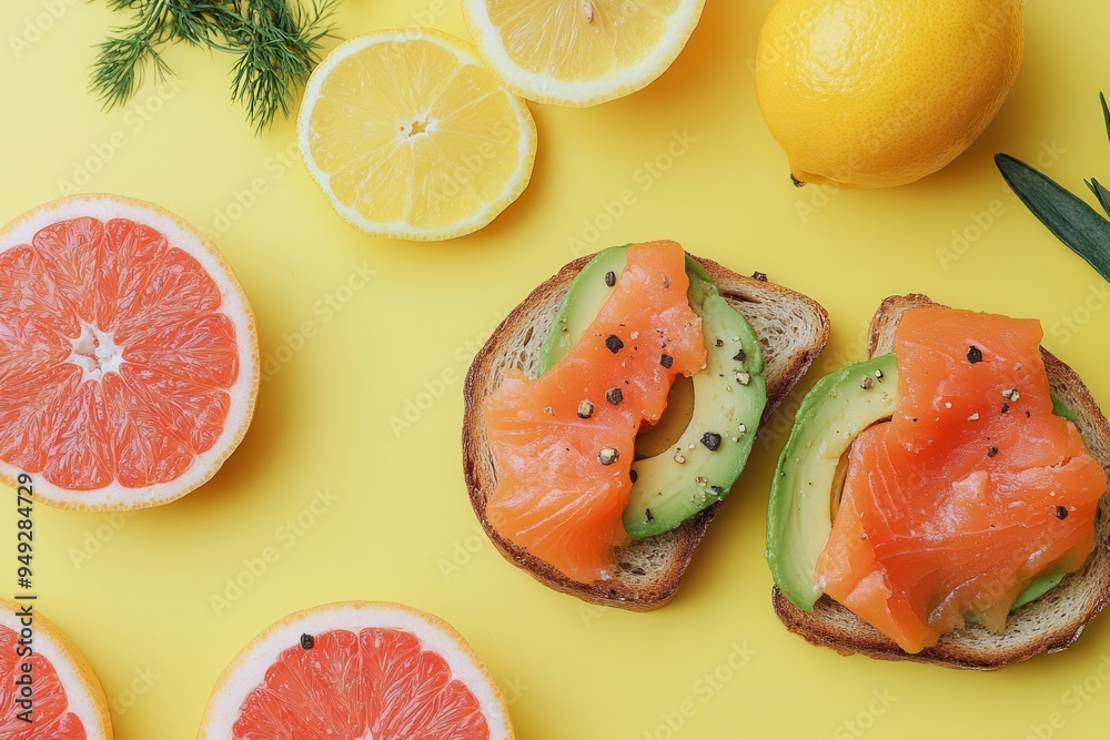 Poster delicious avocado toast topped with salmon is served alongside fresh citrus fruits on a bright yello