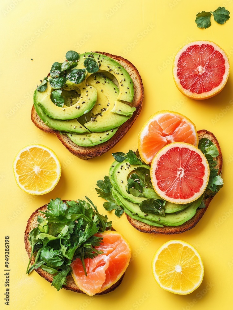 Aufkleber Enjoy a nutritious breakfast with avocado toast topped with salmon and fresh citrus fruits displayed on a vibrant yellow surface. Generative AI