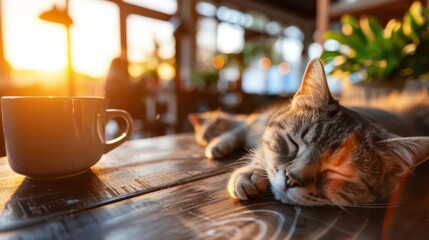 Cozy cat cafe with cats lounging and people enjoying coffee, warm and inviting, Cozy, Warm tones, Photograph, Relaxed ambiance
