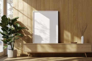 Fototapeta premium Poster Frame Mockup on Wooden Interior Background created with Generative AI