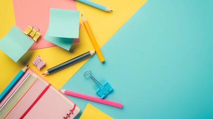 Creative Flat Lay Arrangement of School Supplies Featuring Pencil Eraser and Sticky Notes on a Bright White Desk with Open Space for Personalization or Branding