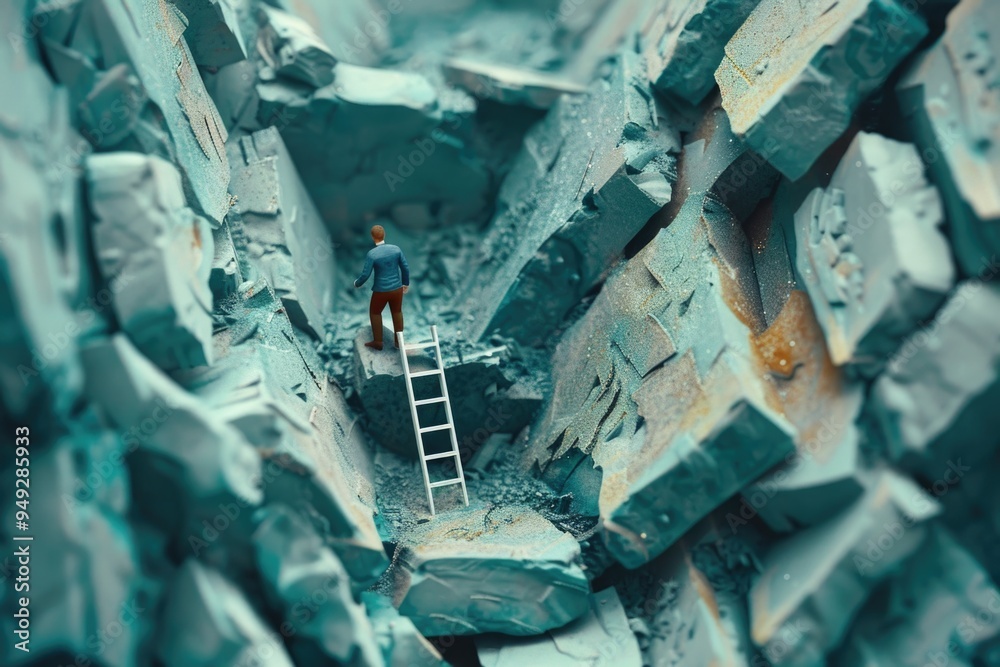 Poster a person standing on a ladder in a rocky terrain with rough stone walls and a scenic view