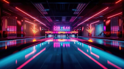 Neon-lit bowling alley with animated scoreboard, vibrant and lively, Pop art, Neon, Digital art, Dynamic scene