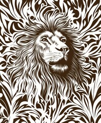 Fototapeta premium A stylized illustration of a lion's head surrounded by intricate floral patterns.