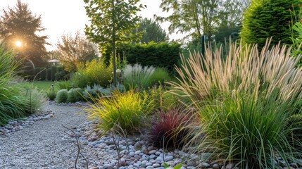 Sunlit Garden Path with Ornamental Grass