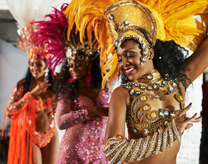 Carnival, women and costume with dancing for tradition, celebration and expression of Brazilian...