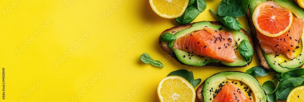 Poster a nutritious breakfast showcasing creamy avocado toast, savory salmon, and colorful citrus slices on