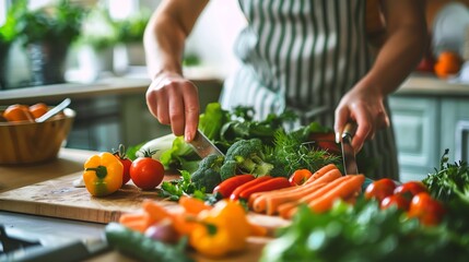 A woman in a striped apron cuts fresh vegetables on a wooden cutting board.