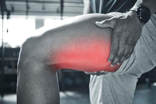 Person, hands and thigh pain from fitness injury with overlay, exercise accident and hamstring risk of tendinitis. Athlete, legs and red glow for performance fail, muscle problem and sports emergency