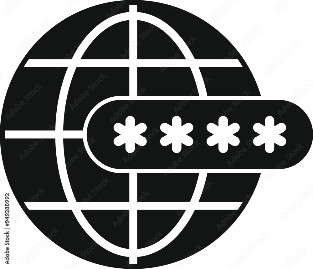 Poster simple vector icon of a globe with a password field, representing global network security