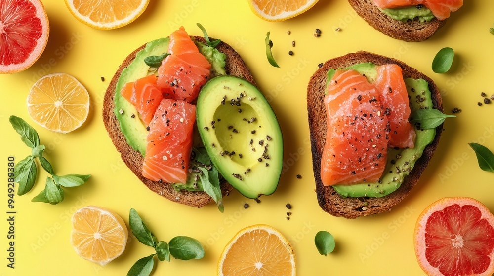Poster a delightful breakfast spread with creamy avocado toast topped with smoked salmon and surrounded by 