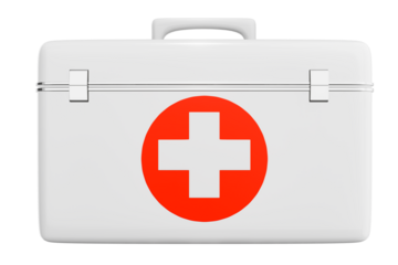 First aid kit, white medicine box, emergency vehicle, ambulance medical assistance, care and rescue, 3D emergency accident concept showing cutting path icon.