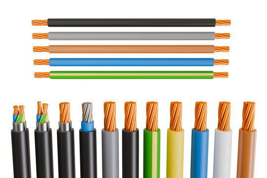 Realistic 3D cables and wires of electric power, network, television and telephone. Energy wires with insulated copper conductors Multicore twisted pair. 3d illustration. Clipping path.