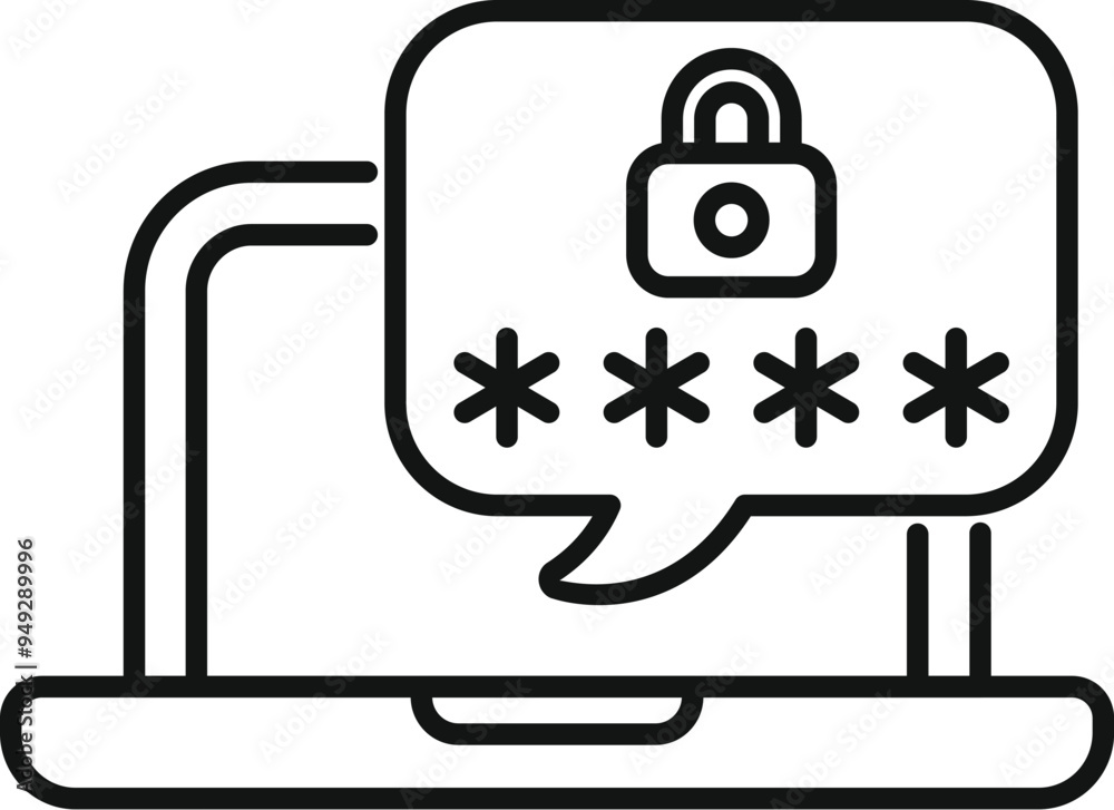 Poster laptop is showing password protection with a lock and asterisks symbol in a speech bubble, represent