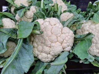cauliflower  : Pristine close-up of a cauliflower with its tightly packed, creamy-white florets and vibrant green leaves. The image captures the vegetable's unique texture and intricate details,