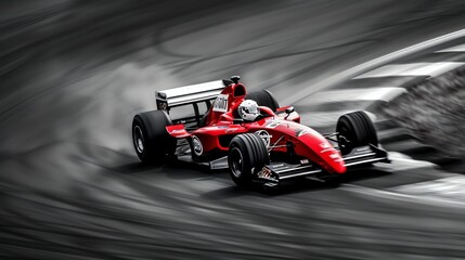 A red Formula 1 race car driving fast around a track.