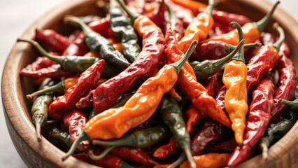 Closeup of Red and Yellow Chili Peppers in a Wooden Bowl