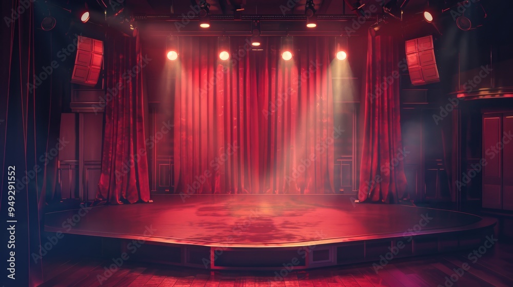 Poster a darkened theater with bright red curtains and focused spotlights, ideal for use in promotional mat
