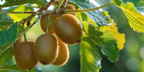Obraz premium Close up of ripe kiwi on the tree in the garden