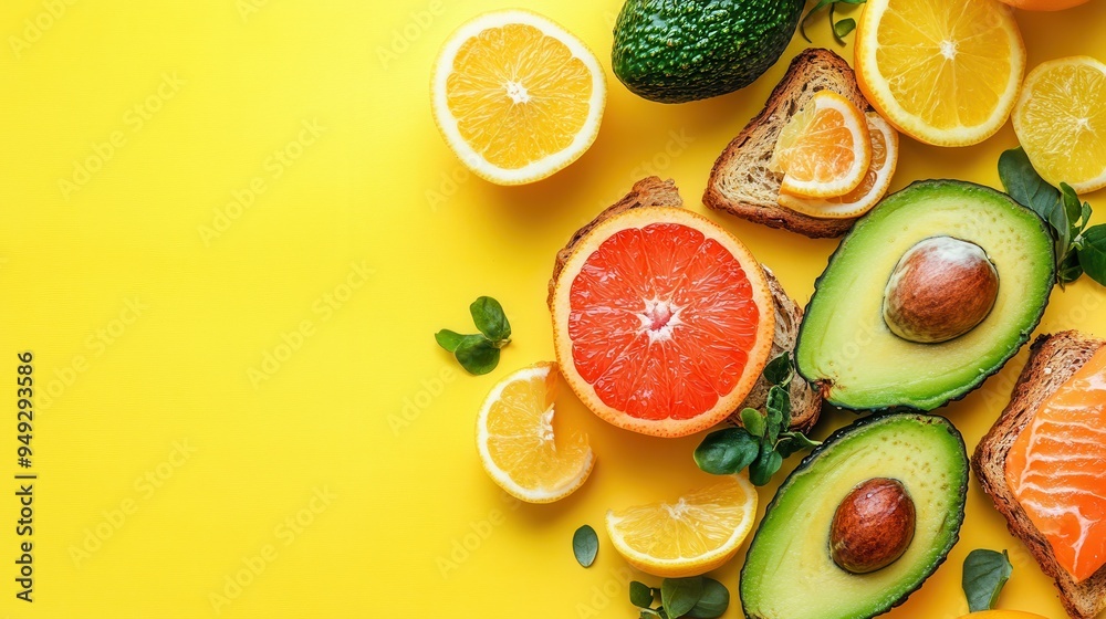 Aufkleber Enjoy a delicious breakfast with avocado toast, smoked salmon, and an array of fresh citrus fruits arranged on a bright yellow backdrop. Generative AI