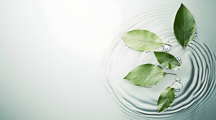 Top view leaves floating on water ripple, water wave on nature light background, commercial photography, studio photo for products, studio wallpaper material.