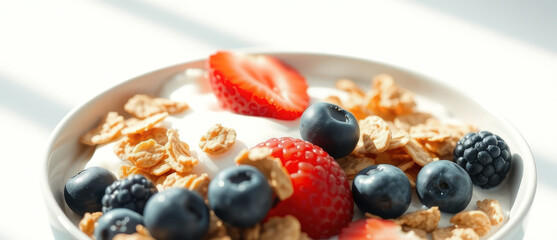 Closeup of yogurt with granola, blueberries, raspberries and blackberries