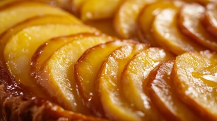 Close-up of freshly baked apple tart with golden, caramelized slices, creating a delightful and scrumptious dessert perfect for any occasion.