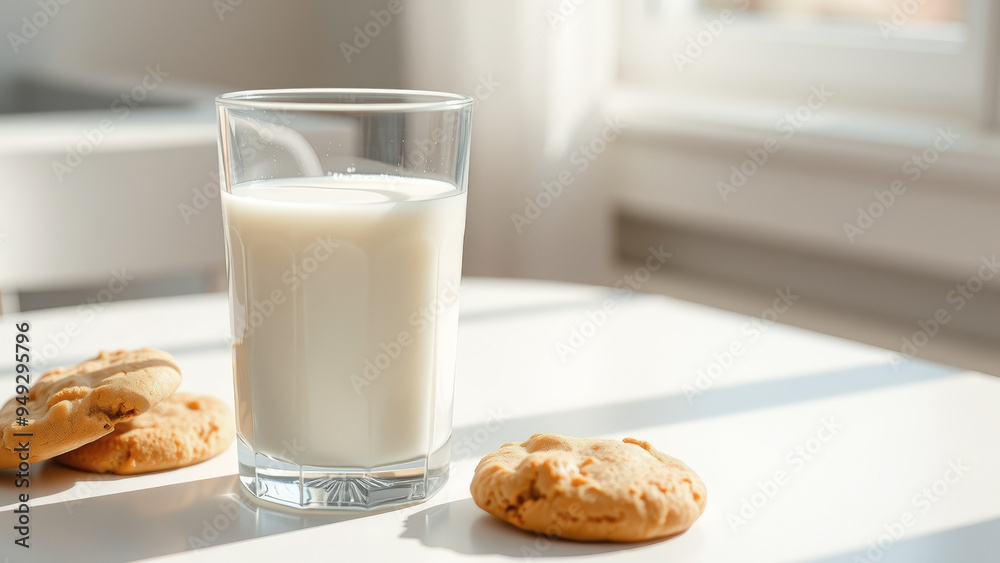 Wall mural Glass of Milk and Cookies on White Table