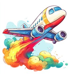 Cartoon Airplane Illustration Taking Off With Colorful Smoke