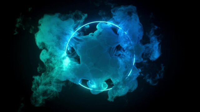 Smoke flowing around a glowing neon circle, ideal for inserting your logo or text