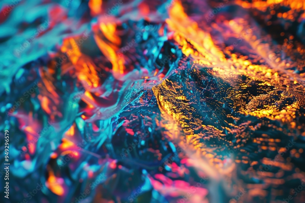 Poster a close-up shot of a vibrant liquid substance with swirling colors and textures