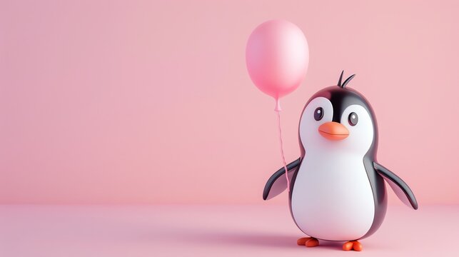 A cute penguin holding a pink balloon on a pink background.