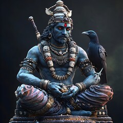 Fototapeta premium A Serious 3D Depiction of Lord Shani the Hindu Deity with a Crow in the Background