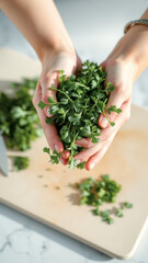 Close up of hands holding fresh parsley over a cutting board