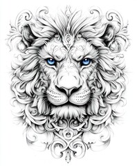 A detailed black and white illustration of a lion's face with blue eyes and ornate designs.