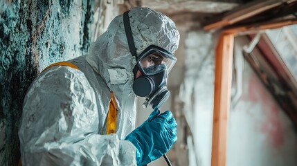 Obraz premium Asbestos Removal Specialist Handling Hazardous Materials with Protective Gear During Building Renovation