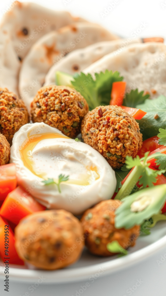 Sticker Falafel with pita bread, tomatoes, parsley and tahini sauce