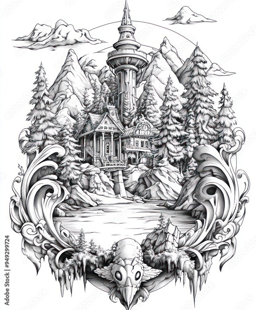 Canvas Prints A detailed black-and-white illustration of a castle surrounded by mountains and trees.