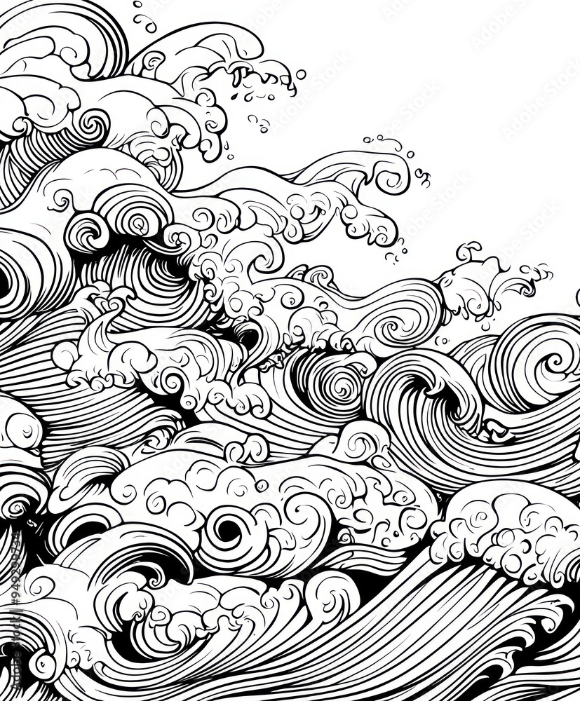 Canvas Prints A detailed illustration of stylized ocean waves with intricate patterns and designs.