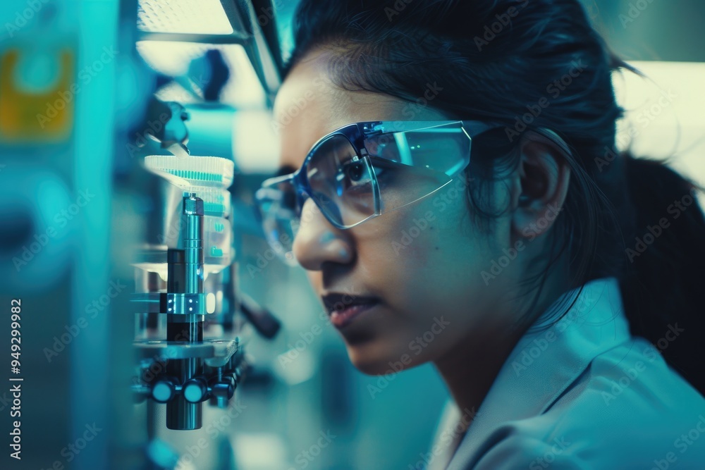 Poster a scientist in a lab coat and glasses studying a machine, suitable for use in educational or workpla