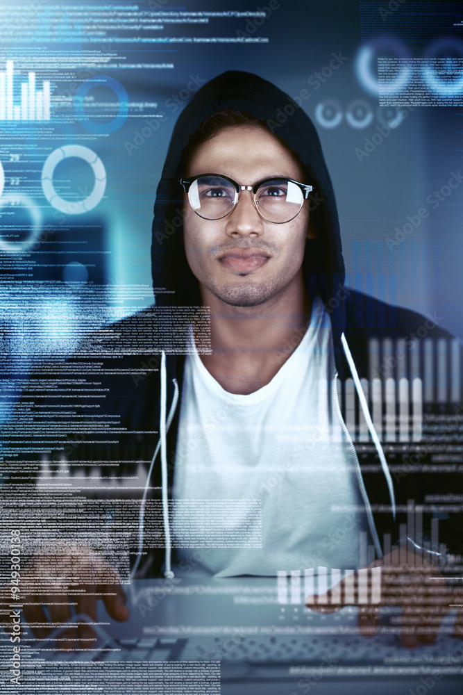 Aufkleber Man, hacker and computer code at night for firewall, breach and access in cyber crime. Software engineer, technology and data protection with overlay, dark web and analysis for programming or network
