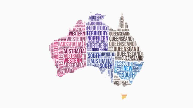 Australia regions word cloud animation. Country logo animated video. Australia colored text cloud. Regions typography style motion graphics. Modern video.